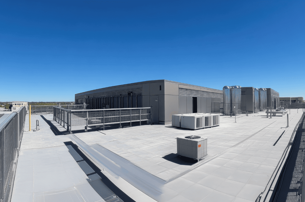Wide commercial flat roof with HVAC units and open surface showing areas where hidden roof leaks can start near equipment