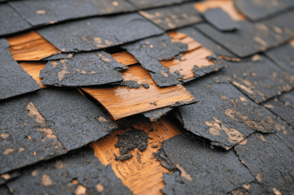 Damaged roof shingles expose wood decking, showing how roof leaks can start before indoor stains or ceiling marks appear