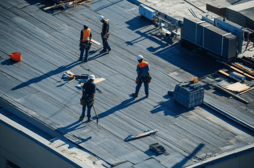 Roofing team working on a commercial flat roof, showing membrane seams and areas where hidden commercial roof leaks can start