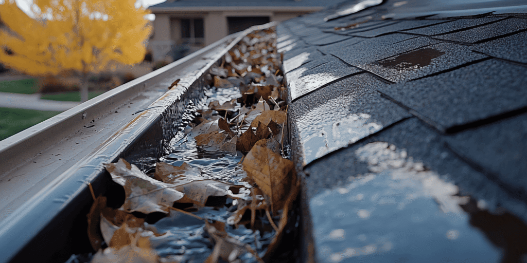 Clogged gutters filled with leaves and standing water along roof edge, showing early roof damage risk for Boston homes today