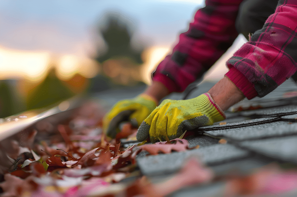 Worker clearing wet leaves from clogged gutters beside asphalt shingles during fall roof maintenance on a residential home