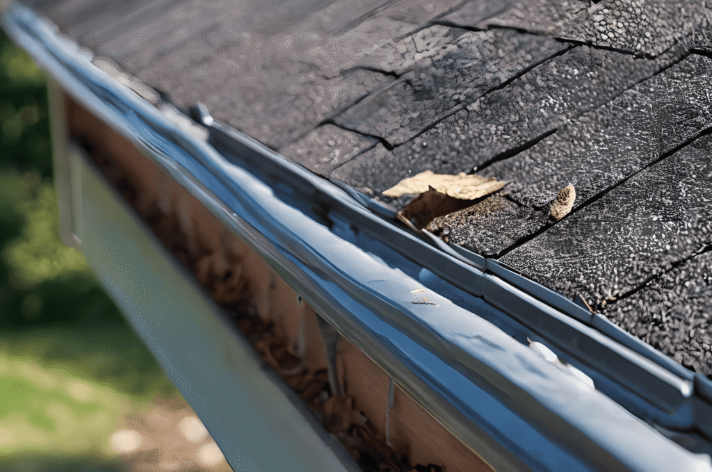 Damaged asphalt shingles near clogged gutters with trapped leaves and moisture showing roof edge deterioration and leak risk