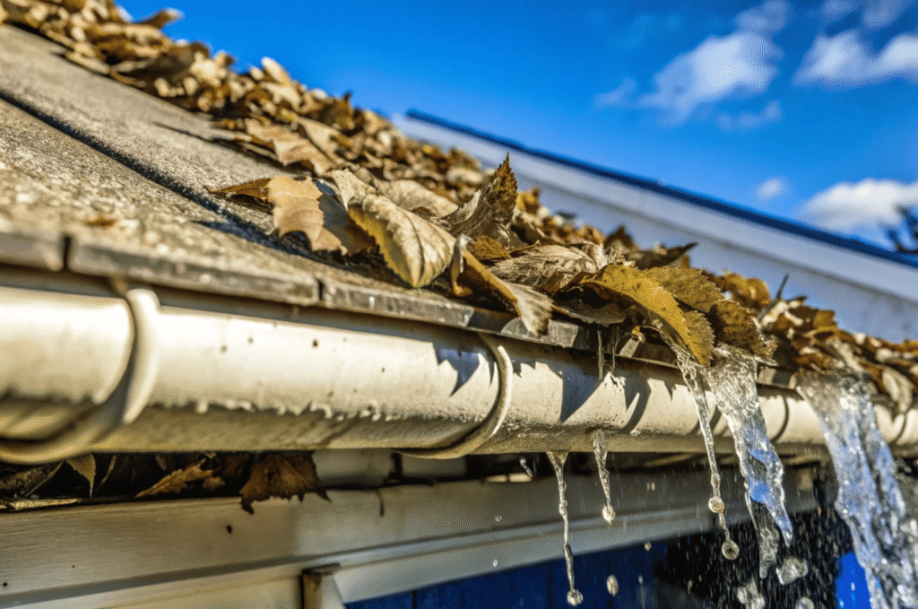 Overflowing gutter packed with leaves and water pouring over the edge, showing clogged gutter damage worsening near roofline