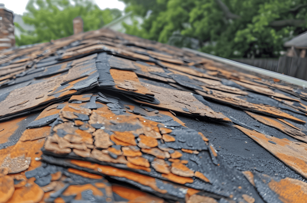 Close-up of damaged shingles and exposed roof decking, showing how poor attic ventilation can weaken a roof over time