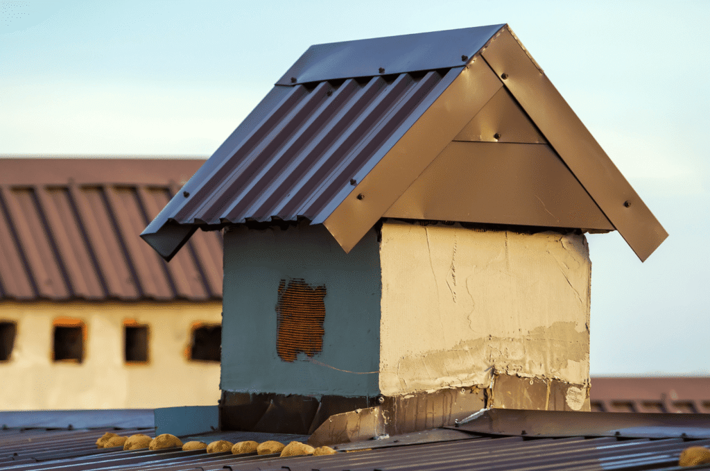 New metal chimney cap and roof flashing on a clean roof, showing ventilation details that help protect Boston roofs in summer
