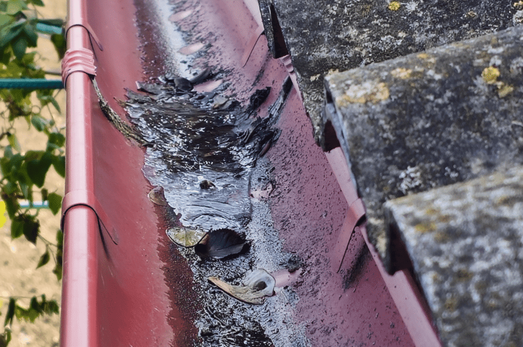 Leaking roof gutter with water dripping down, showing signs of drainage issues and possible home water damage