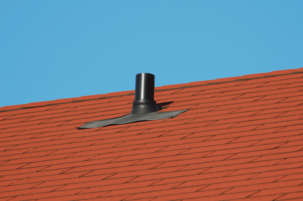 Roof vents on a Boston home roof under a clear blue sky, showing attic airflow and proper ventilation across the roof system