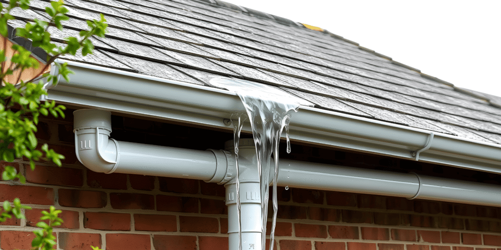 Rainwater spilling over a roof gutter on a brick home, showing gutter leak signs near the roof edge after heavy Boston rain 