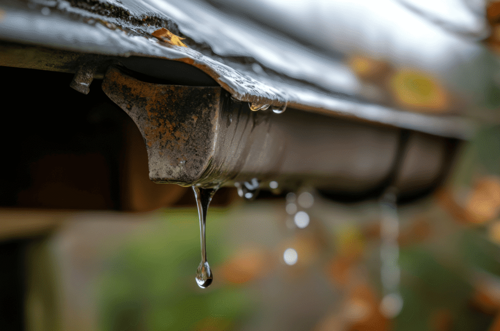 Close-up water dripping from a damaged gutter edge, showing gutter leak signs that may look like roof leak damage after rain 