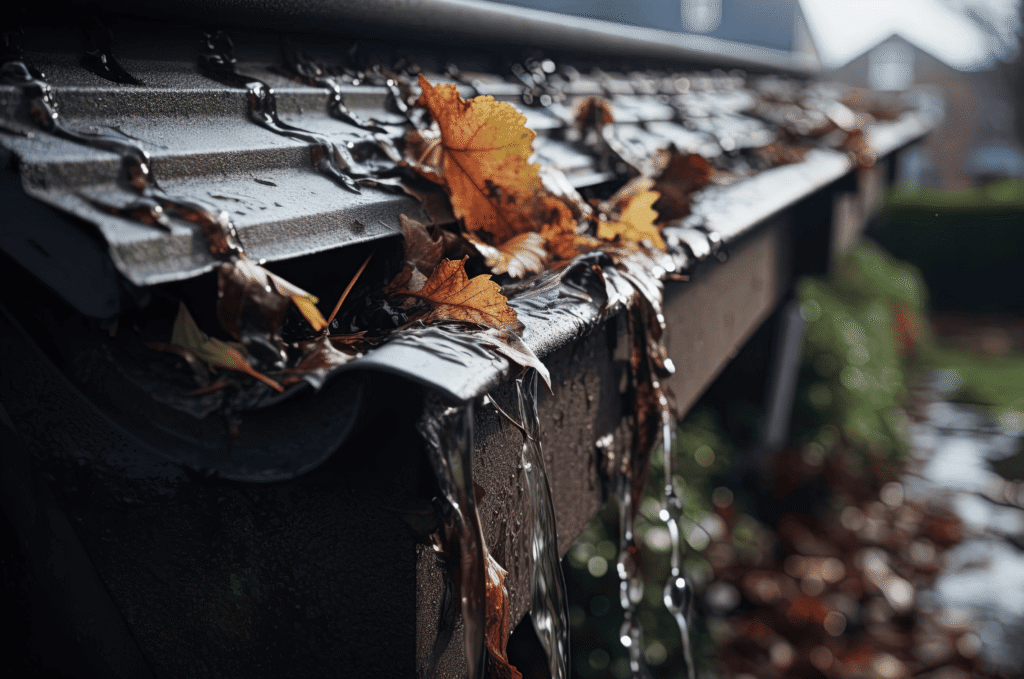 Clogged gutter with leaves and rainwater, showing gutter leak signs near fascia and roof edge on a Boston home after rain 