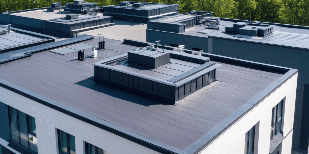 Commercial flat roof with HVAC equipment and pipes, showing areas where commercial roofing problems and leak risks can start 
