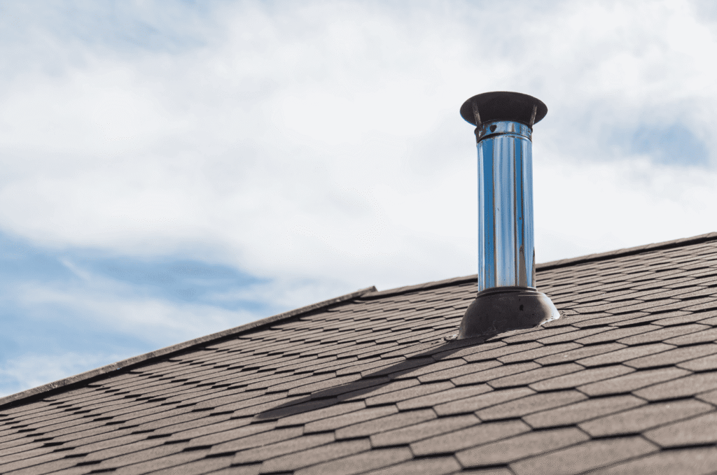 Metal chimney vent on a shingle roof, showing a roof penetration that should be checked when tracing attic moisture or leaks.