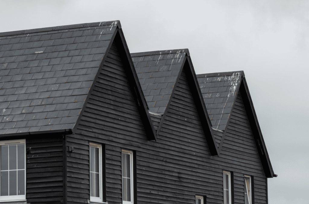 Dark shingle roof and gutter edge showing areas checked during roof leak repair for water path, fascia, and drainage issues 