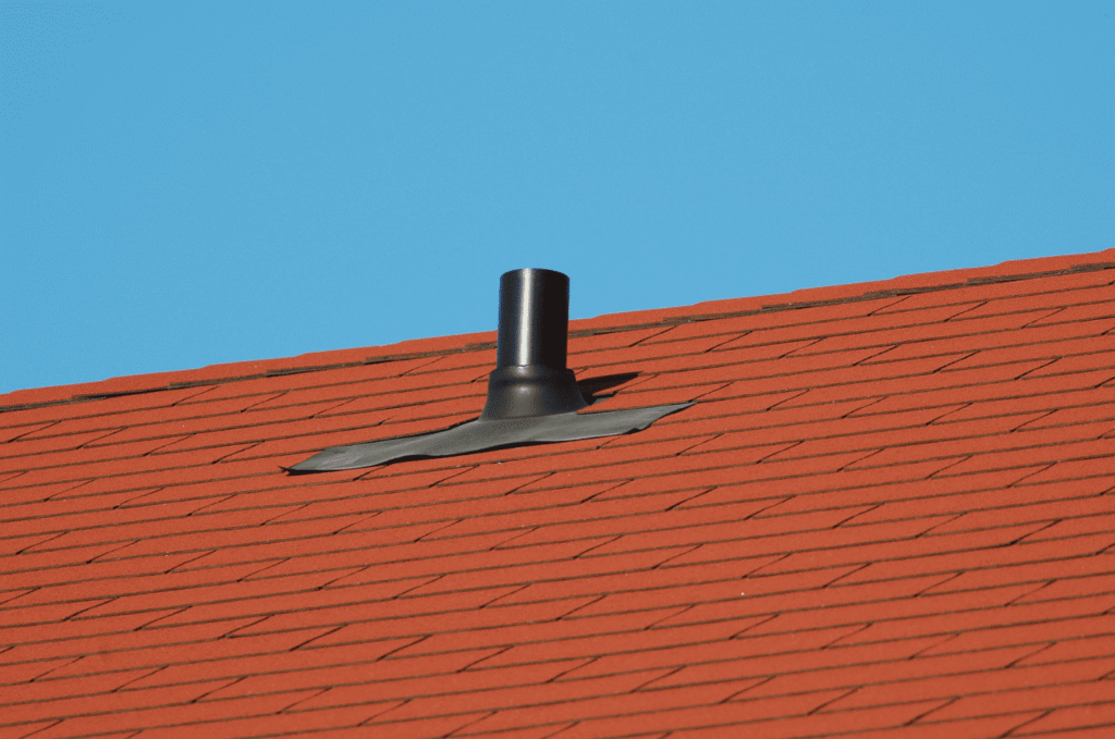 Sunlight hitting an asphalt shingle roof and vent in summer, the surface heat that makes a Boston attic hot indoors