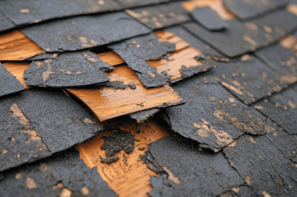 Damaged shingles with exposed roof decking showing roof edge damage linked to water behind gutters and early roof leak risks 