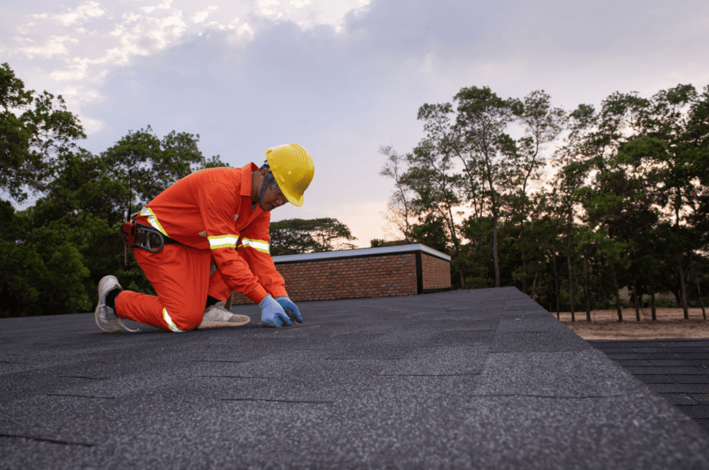 Roofer inspecting a flat roof membrane surface, showing early signs of membrane damage that should be reviewed before leaks.