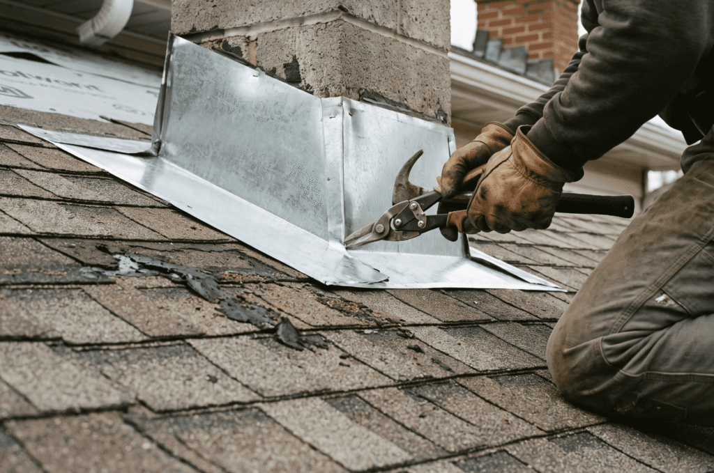 Roofer inspecting and repairing chimney flashing on an asphalt shingle roof during summer roof maintenance in the Boston area