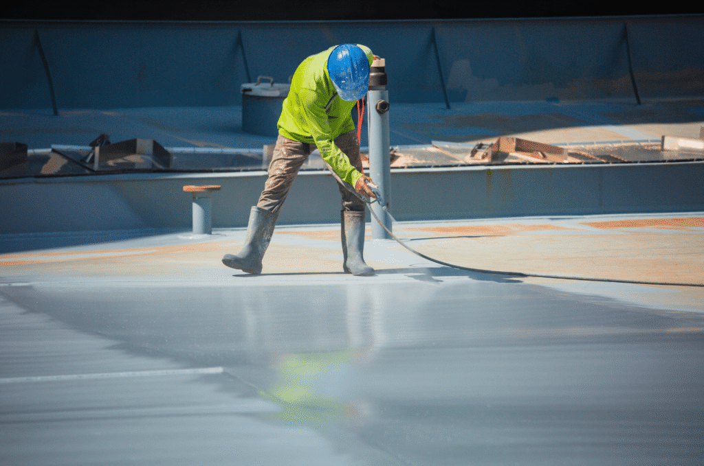 Worker applying a protective coating to a flat roof membrane, a surface care step in routine commercial roof maintenance
