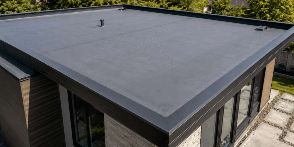 Modern low-slope roof with flat membrane, drainage edges, and rooftop vents illustrating common low-slope roof problems.