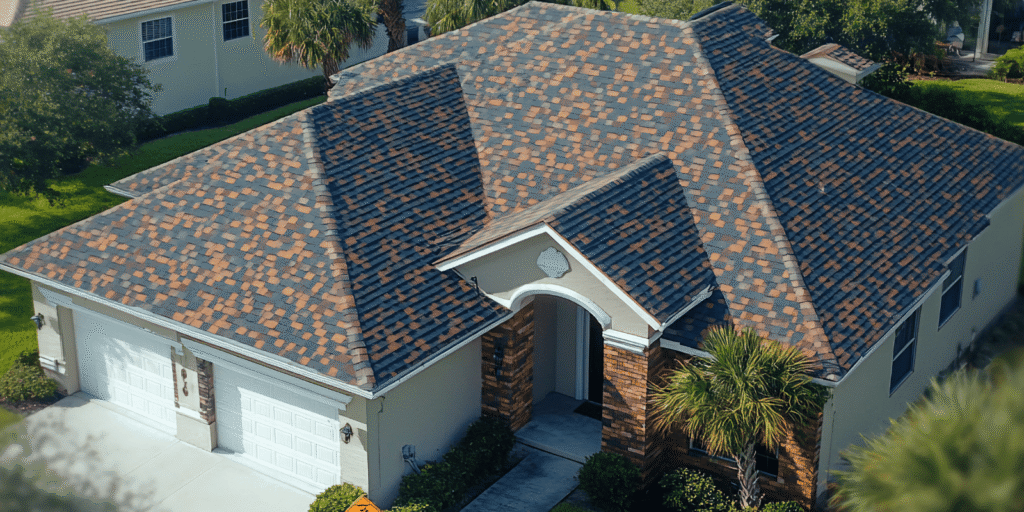 Aerial view of an asphalt shingle roof where poor roof ventilation can shorten shingle life and the overall roof lifespan