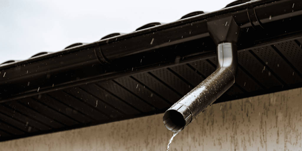 Rainwater pours from a roof downspout beside a wall, showing how roof downspout problems can cause foundation water damage