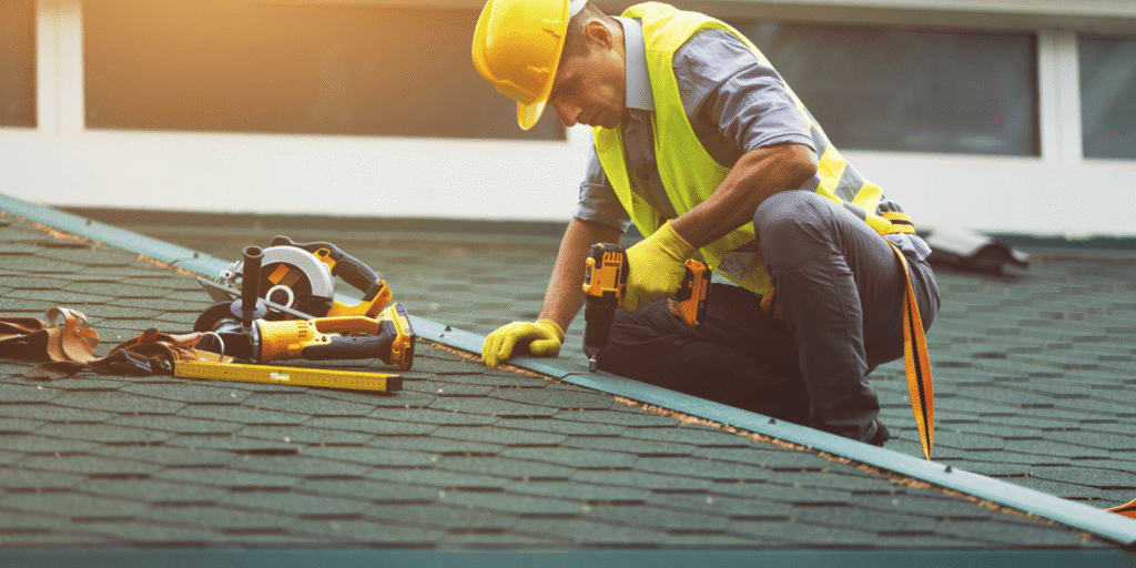 Roofer performing summer roof maintenance on asphalt shingles with safety gear and tools on a Boston-area residential home