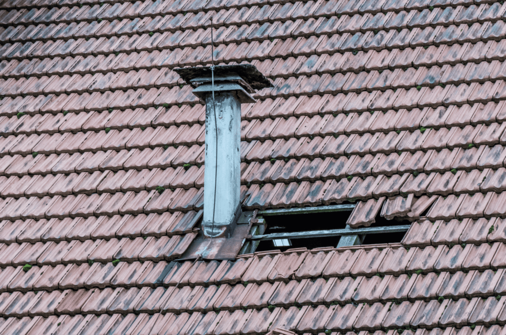 Aged roof with cracked tiles and worn vent flashing, showing why a roof vent leaking often traces back to weather and wear