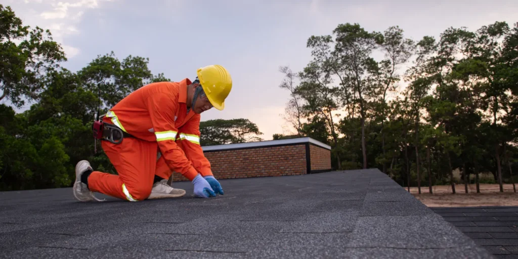 Roof repair in progress as damaged shingles are removed and replaced on a residential home