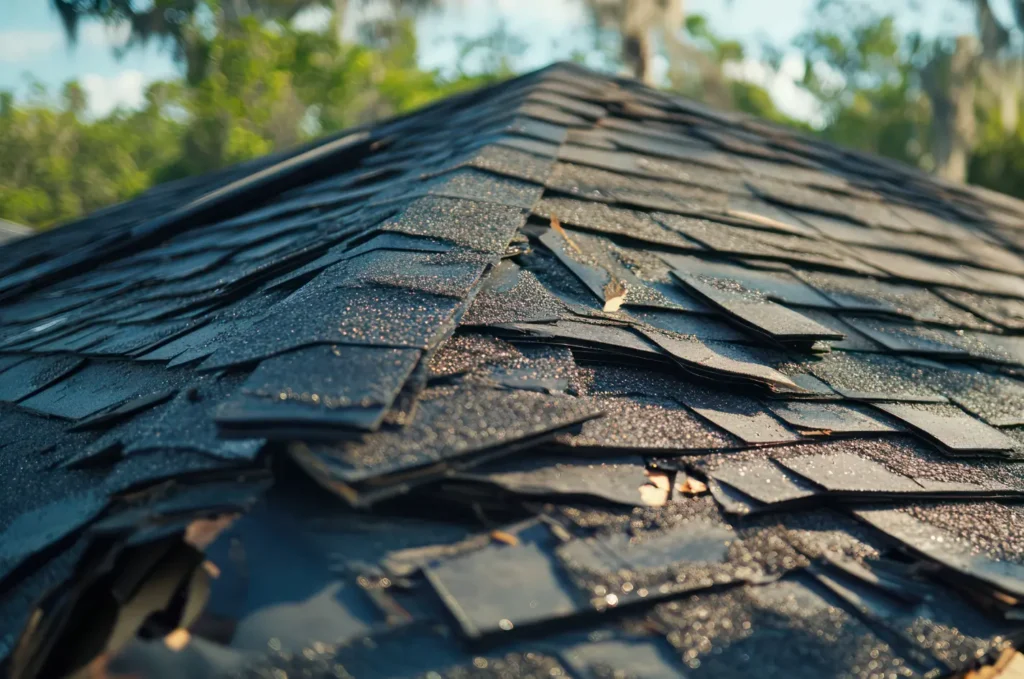 Roof rejuvenation of asphalt roof in progress on a residential home with faded shingles