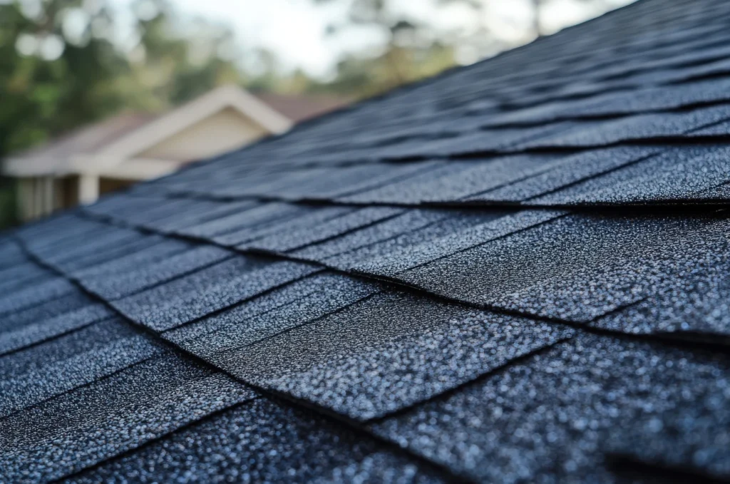 Asphalt roofing materials installed in neat rows across a sloped residential roof