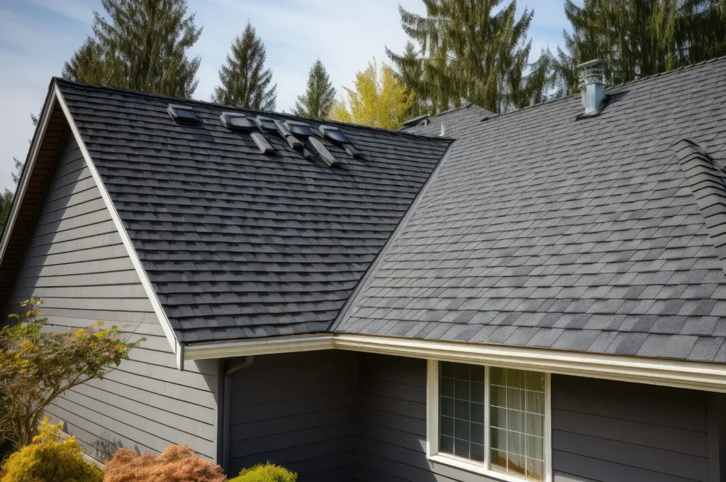 Roof replacement with new asphalt shingles installed across a sloped residential roof