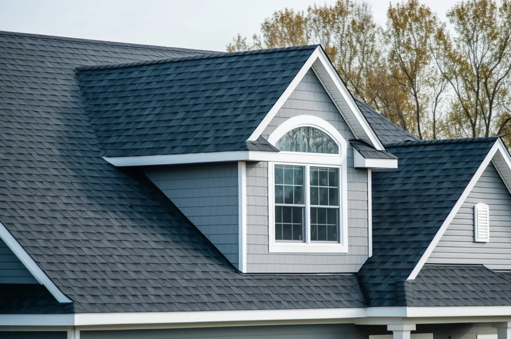 Mixed roof material selection showing different roofing types used across one residential home
