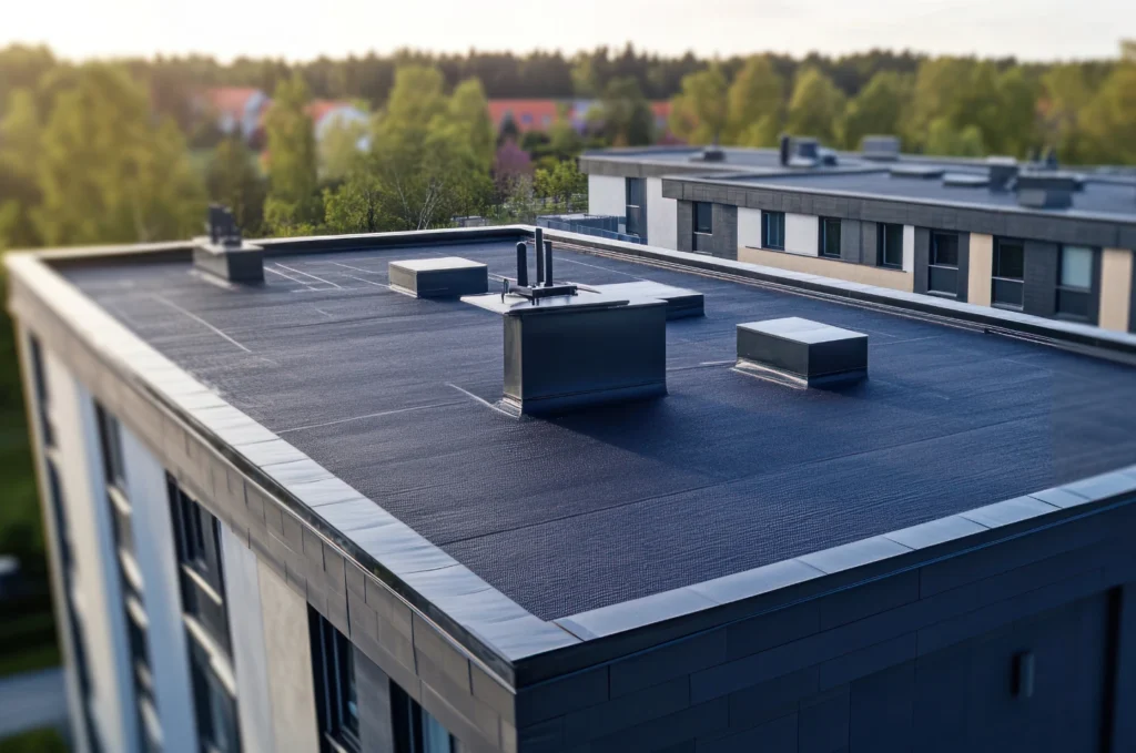 Low slope flat roof showing sealed roof material around the edges and roof details.