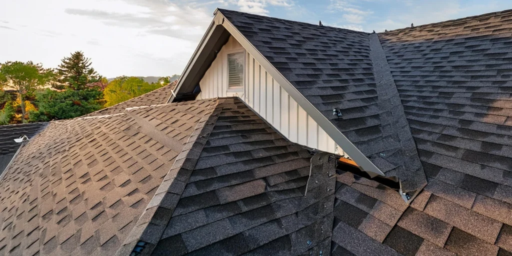 Low slope roof covered with durable asphalt roof material across a residential building.