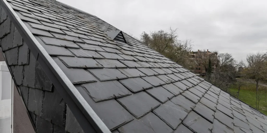 Slate roof covering a residential home with neatly arranged natural stone tiles