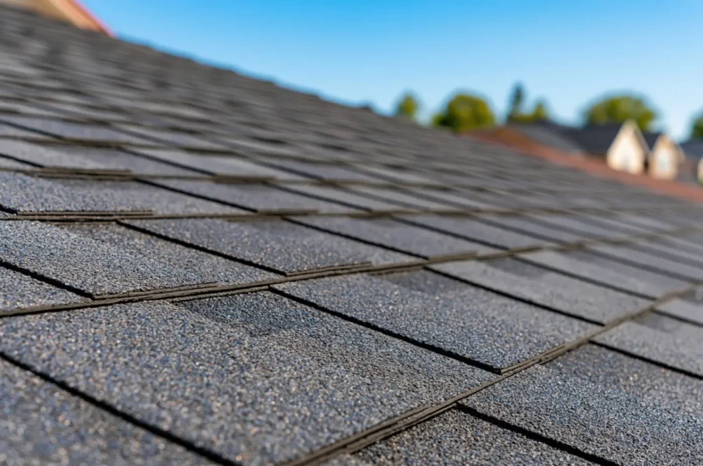 Close-up of an aging asphalt shingle roof with cracked, curled, and damaged shingles