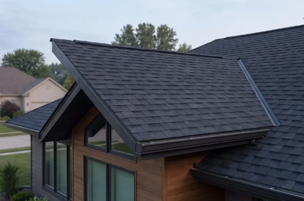 Roof leak repair on an asphalt shingle roof with damaged areas being sealed and restored