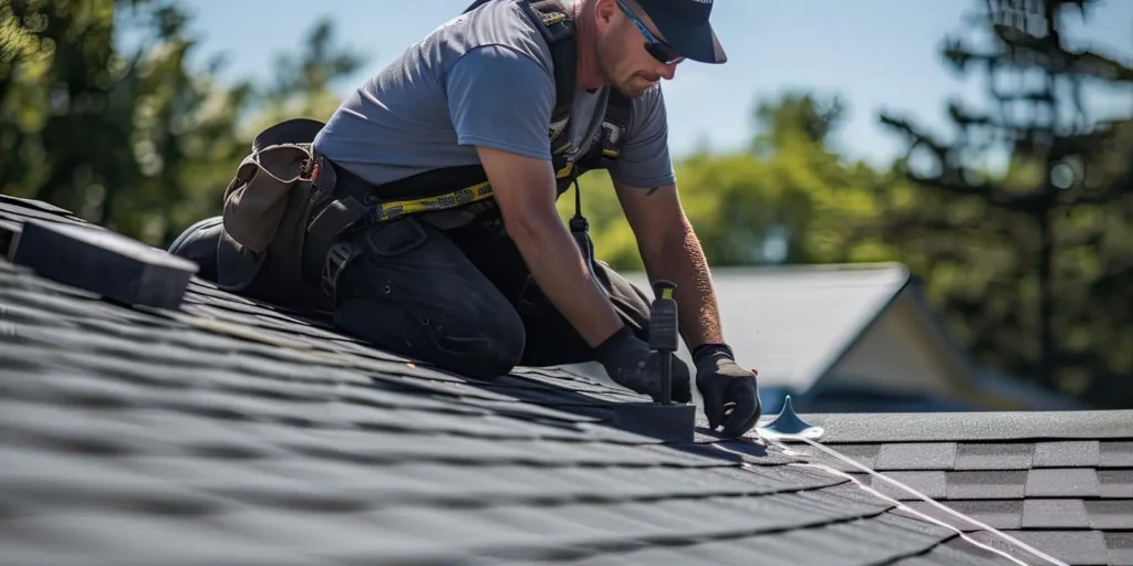 Roof leak repair in progress on damaged shingles where water has entered the roofing surface