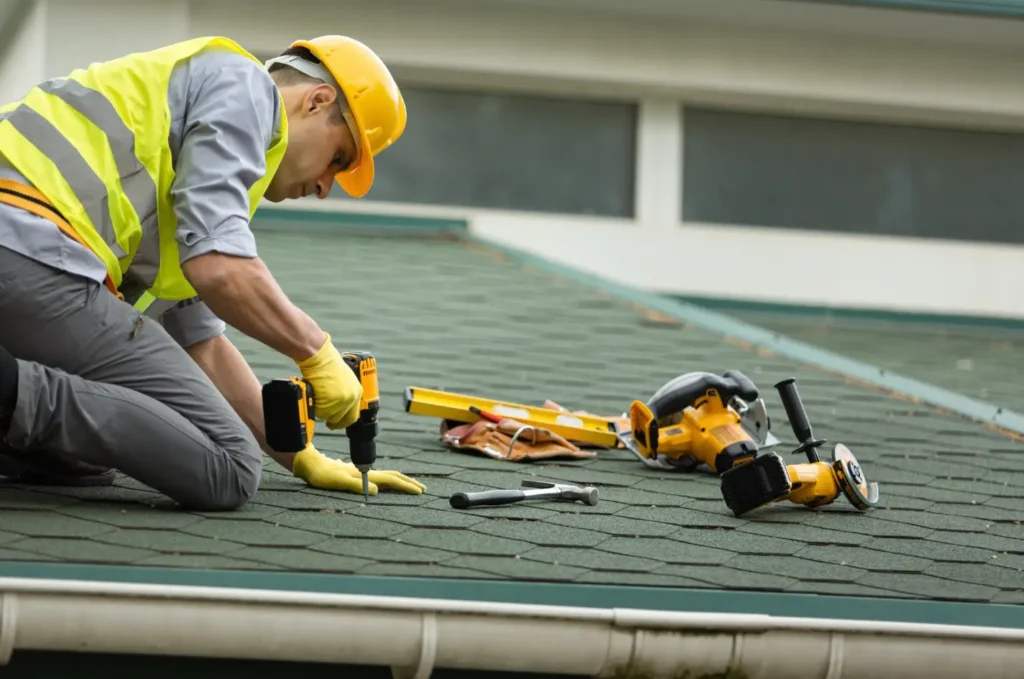A contractor completing roof leak repair around a damaged section of a residential roof