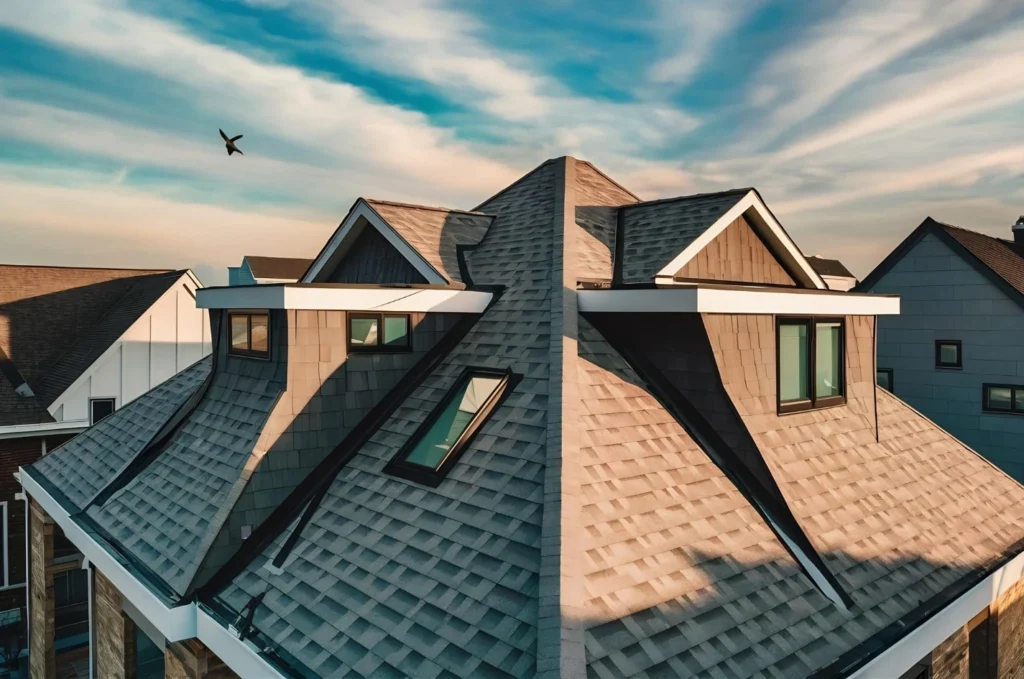 Roof flashing installed around a chimney to help prevent water from entering the roof