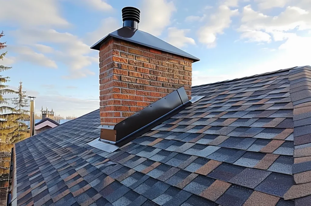 Good-condition asphalt roofing with chimney aligned shingles providing reliable protection against leaks