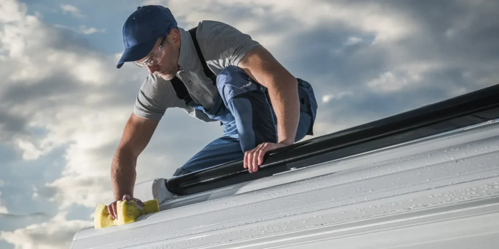 Roofing contractor patching damaged asphalt shingles during a residential roof repair
