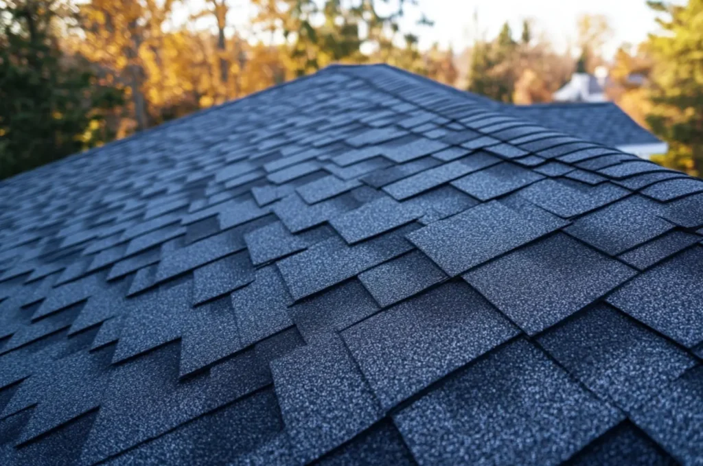 Close-up of roof storm damage with lifted, cracked, and broken shingles following heavy rain and wind