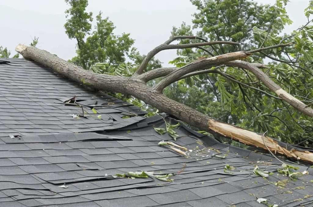 Roof storm damage showing missing asphalt shingles and exposed roof decking after severe winds